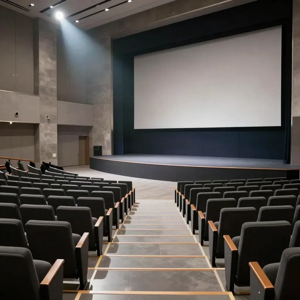 Prázdný konferenční sál s pódiem, terasovitým sezením a jemným kouřem.