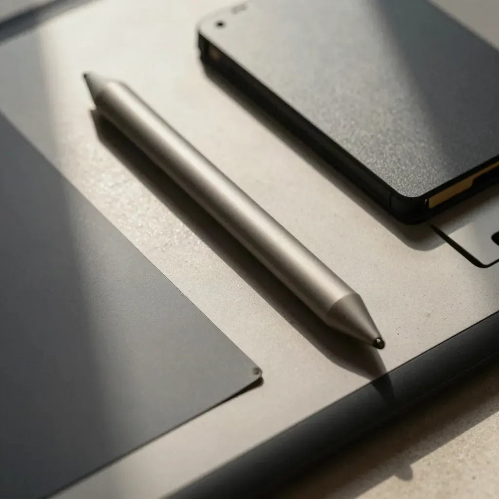 Detail grafického tabletu, stylusu, šedých vzorků a SSD na kamenné desce.