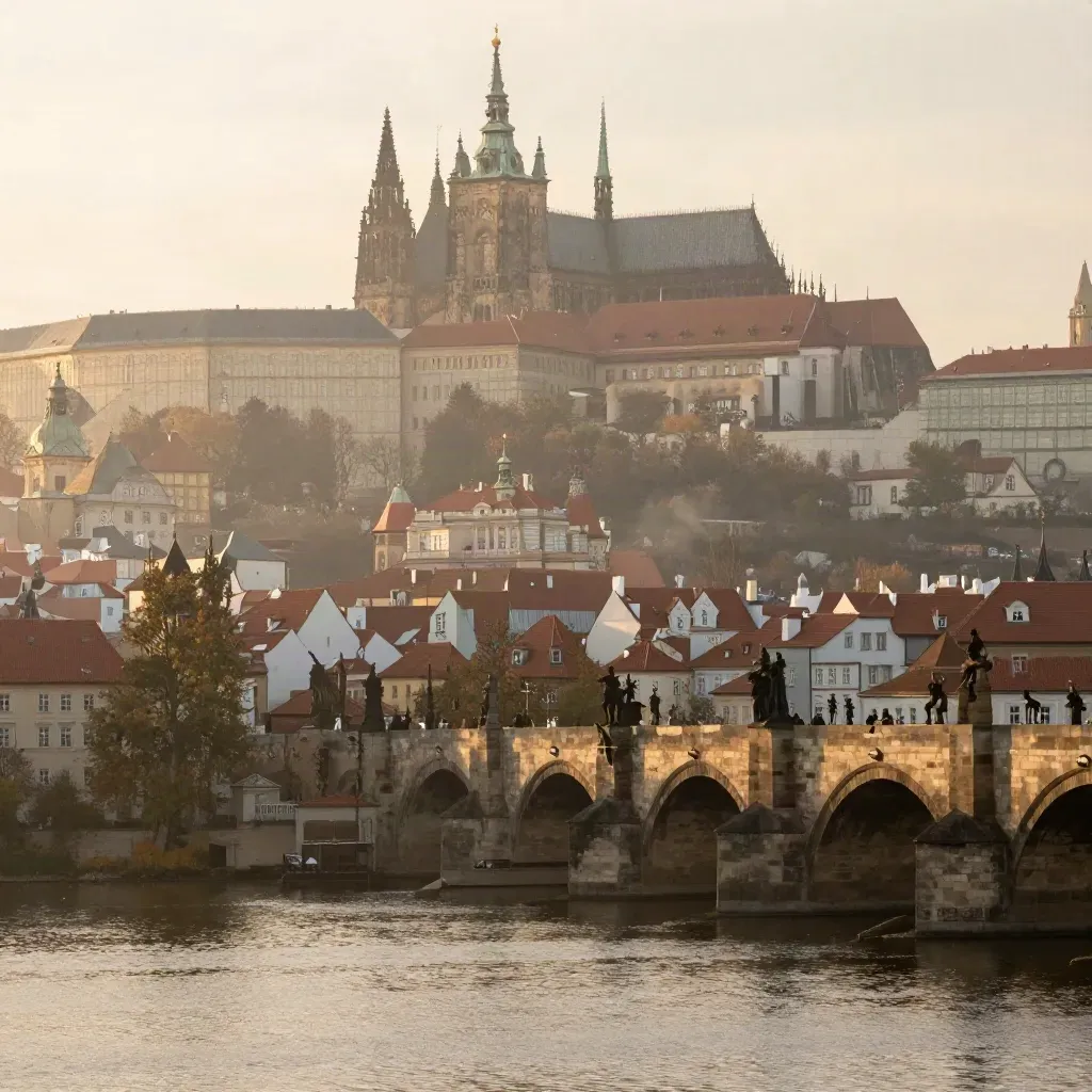 Pražský hrad a Karlův most nad mlhou nad Vltavou v ranním zlatém světle.
