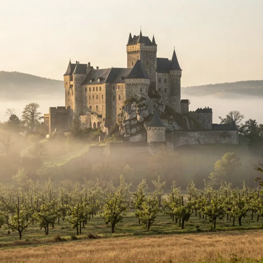 Karlštejnský hrad na kopci nad mlhavým údolím v ranním světle.