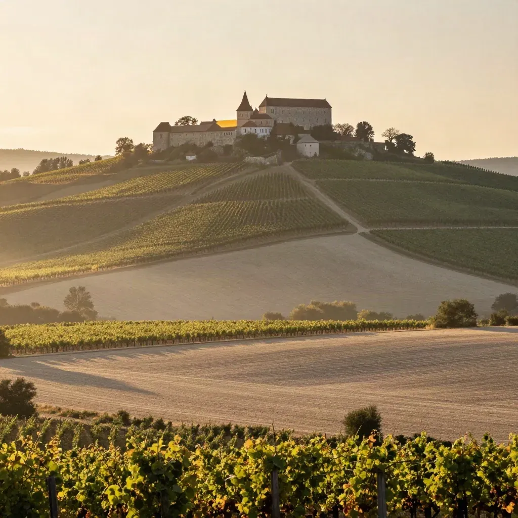 Mikulov nad vinicemi při východu slunce, s jemnou mlhou a prázdným prostorem dole pro text.