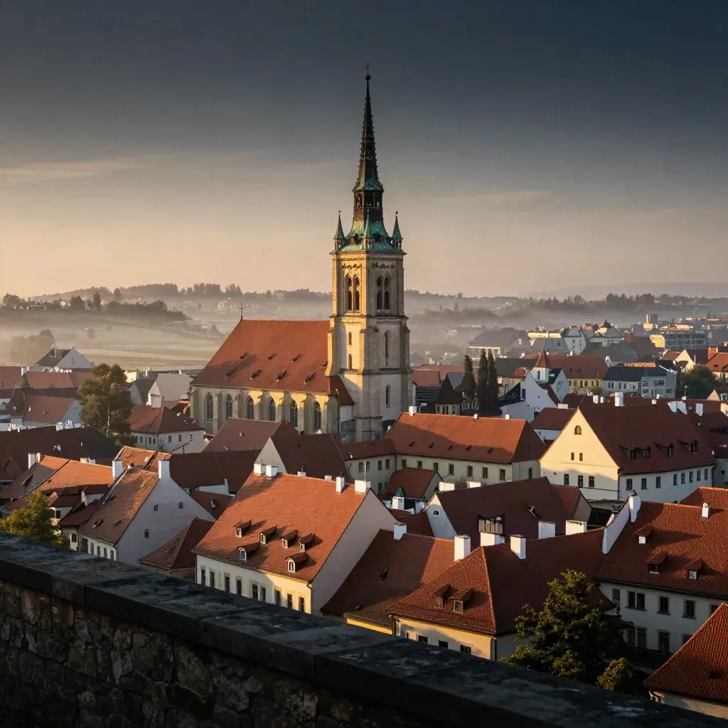 Plzeň s katedrální věží nad mlhou a klidnou říční plání v podvečer.