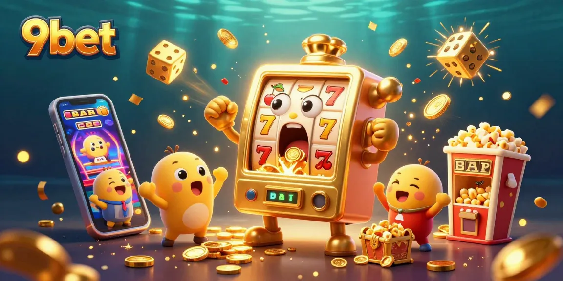9bet celebrates a jackpot win with animated slot machines and golden coins in dynamic casino scene.