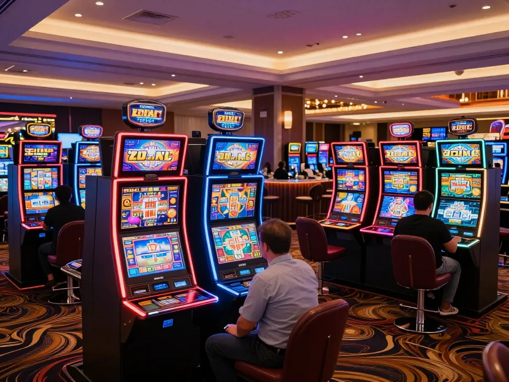 Players enjoying games at the Trang game RR88 with vibrant slot machines in a luxurious setting.