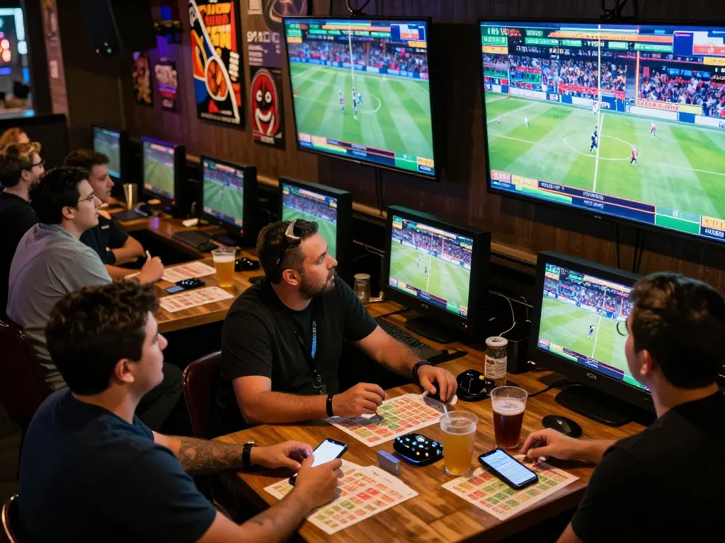 Engaged bettors at https://va88.now/ creating excitement with live sports betting in a lively bar atmosphere.