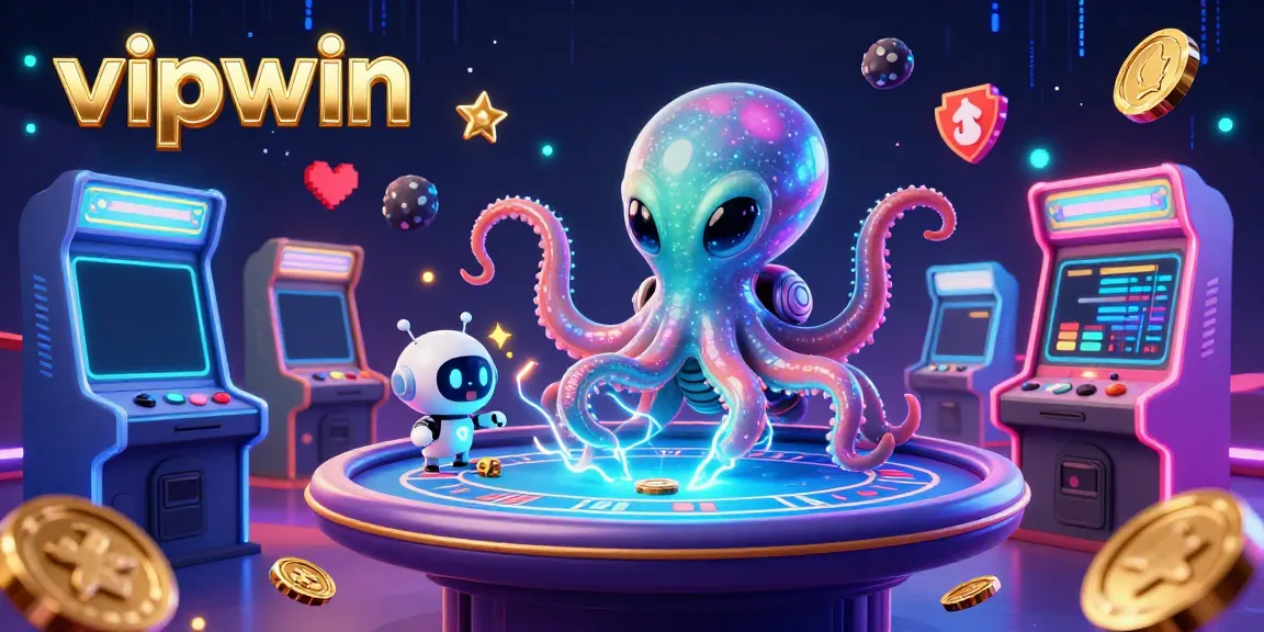 Experience the excitement of vipwin with an alien octopus and its robot companion at a holographic poker table.