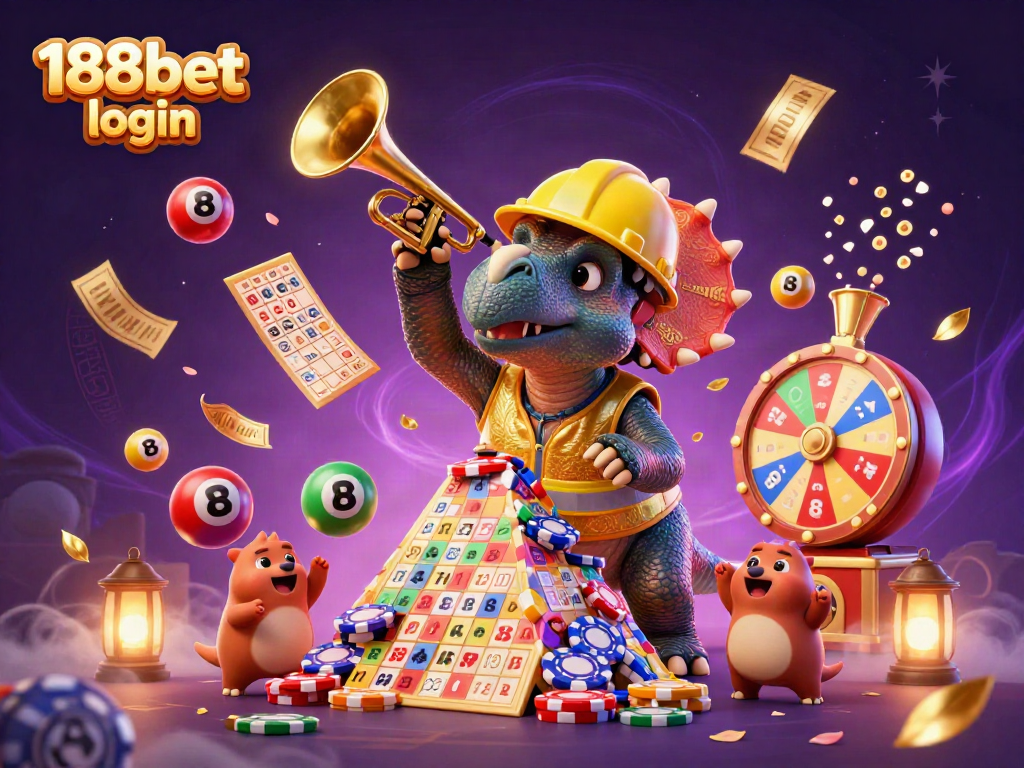 Engage with 188bet login in a festive 3D casino scene filled with dynamic lottery elements and cheerful characters.