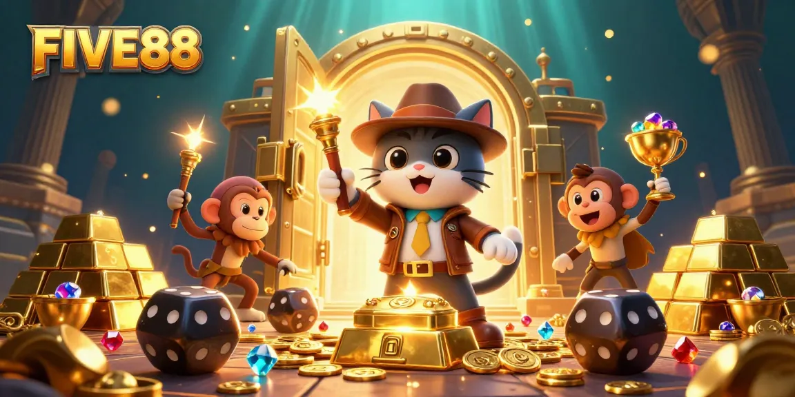 Experience winning excitement at FIVE88 casino, featuring vibrant treasure-filled adventure with animated characters.