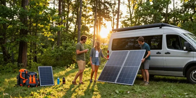 Couple setting up solar panels for their rokok88 slot login campervan adventure in nature.