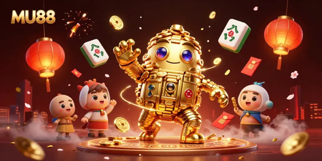 Experience thrilling wins with MU88's vibrant online casino, featuring golden golem characters and festive elements.