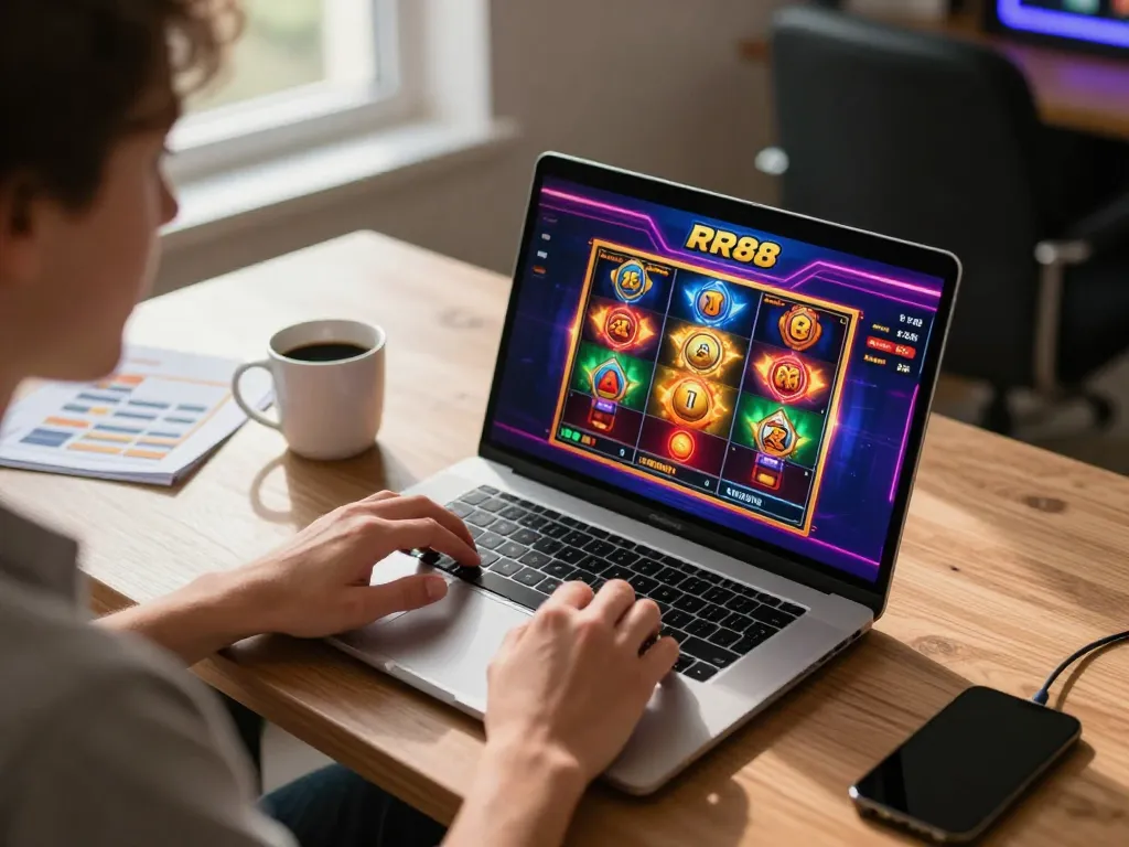 Playing an exciting RR88 casino game on a laptop with vibrant graphics in a stylish home setup.
