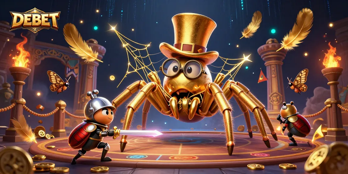 Engage in thrilling gaming at DEBET with a 3D fantasy scene showcasing a giant golden tarantula and beetle knight.