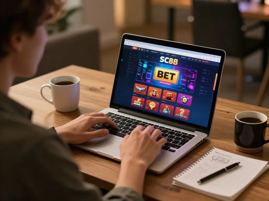Engaging experience of SC88 BET on a laptop, showcasing online gambling strategy and lifestyle.