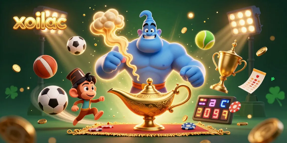 Experience thrilling sports betting action with xoilac's dynamic 3D illustration of a genie and poker elements.