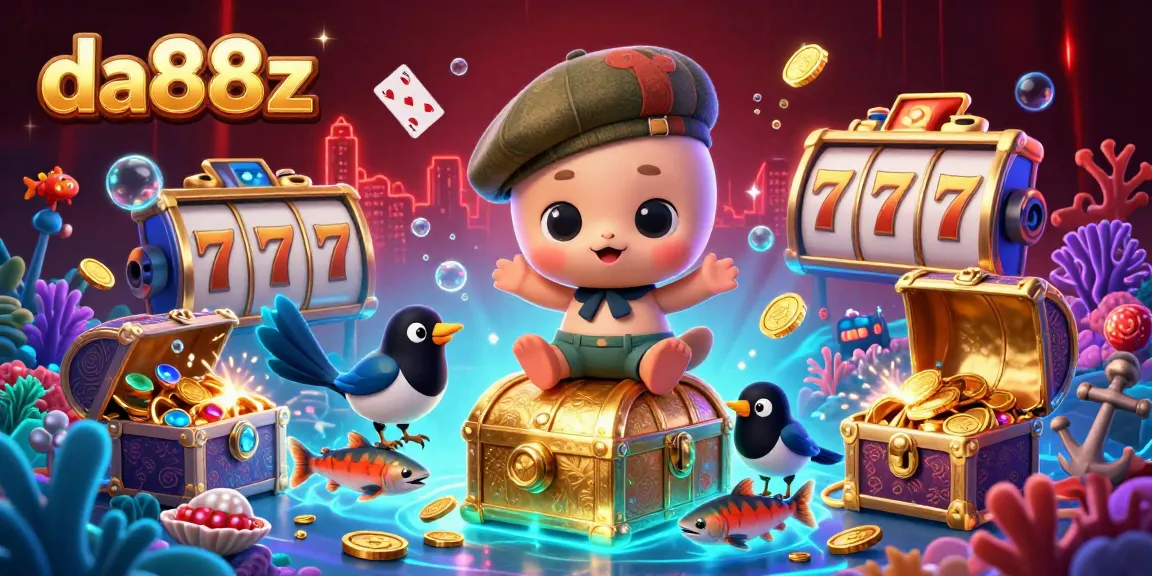 Experience the excitement of da88z with vibrant slot elements in a playful casino scene featuring cartoon characters.