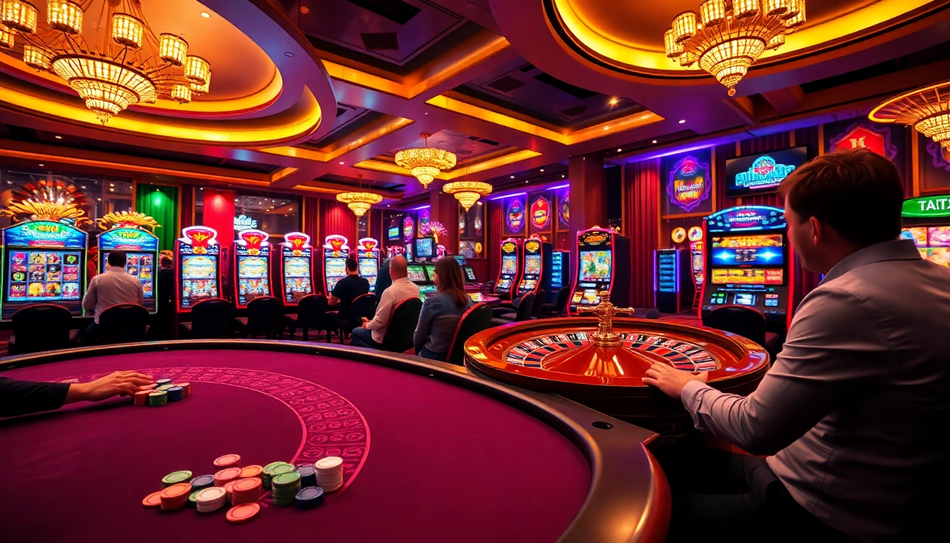 Experience the excitement of km88 with players at a vibrant casino table spinning roulette and playing poker.