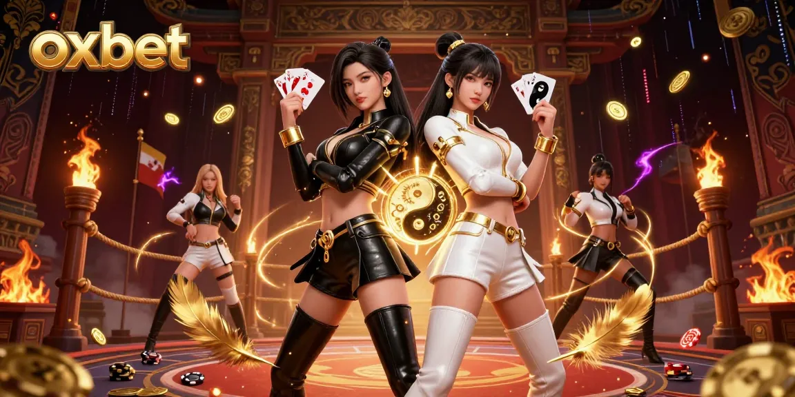 Engaging scene showcasing oxbet's dynamic gaming atmosphere with twin Asian women holding playing cards.