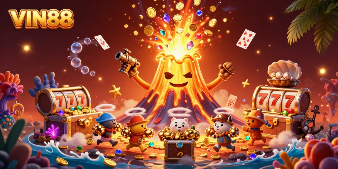 VIN88 players immerse in vibrant slot action with golden volcano and treasure, capturing winning moments.