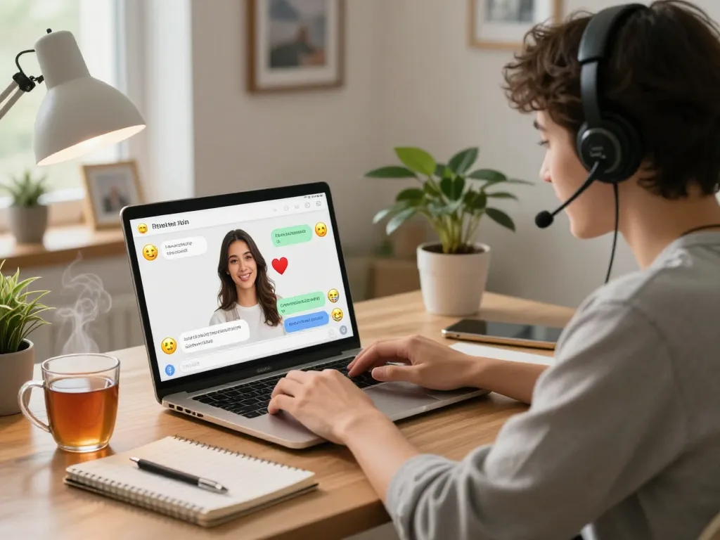 Engaging scene of a user chatting with their girlfriend AI in a cozy home office, showcasing emotional connection and comfort.