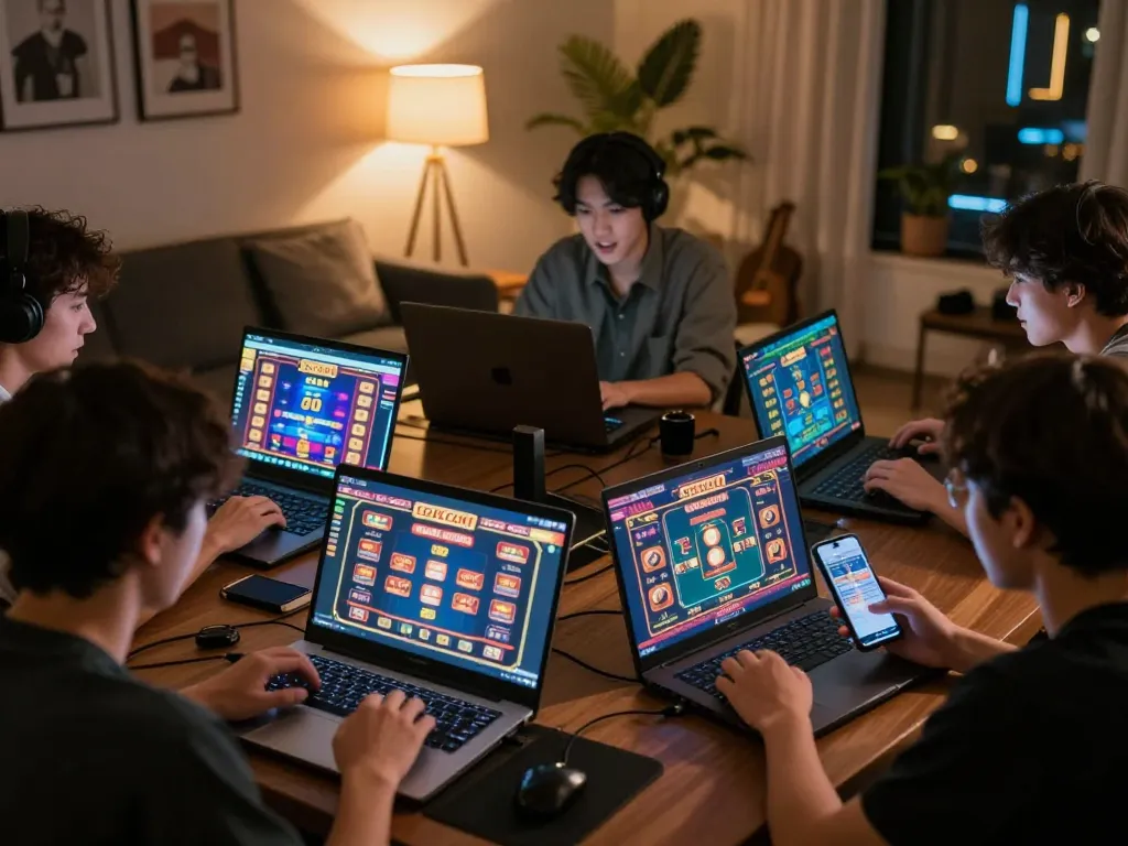 Engaging players enjoying SC88 COM casino games on laptops and smartphones in a cozy home setting.