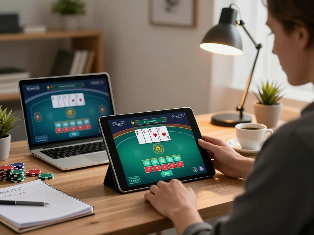 Engaging online poker game on 98win. com in stylish home office setting, showcasing strategic gameplay