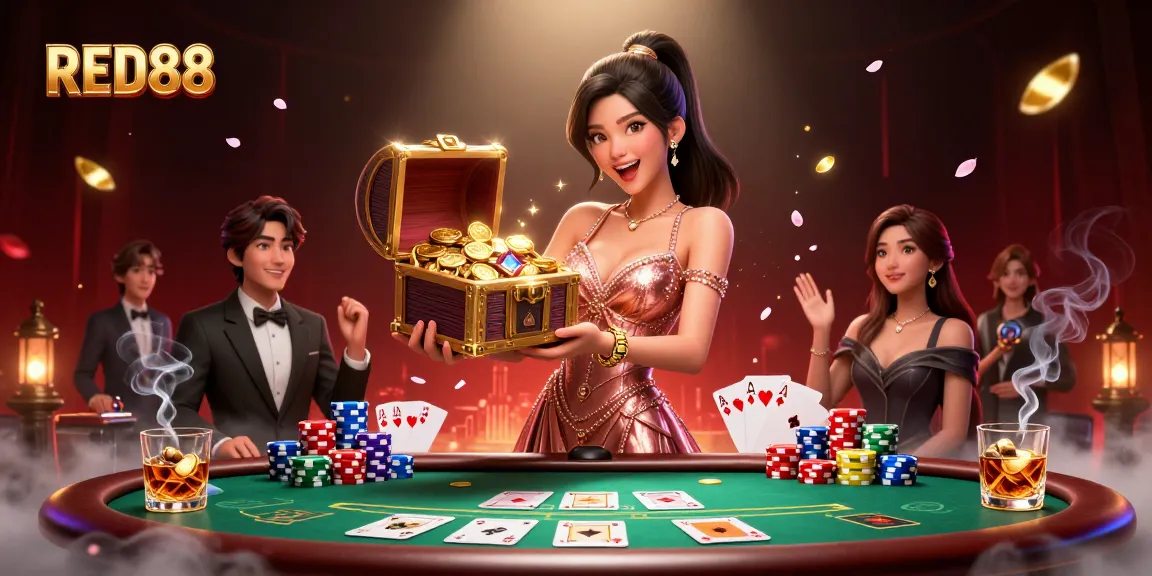Experience the thrill of winning at RED88 with a vibrant treasure scene showcasing poker elements.