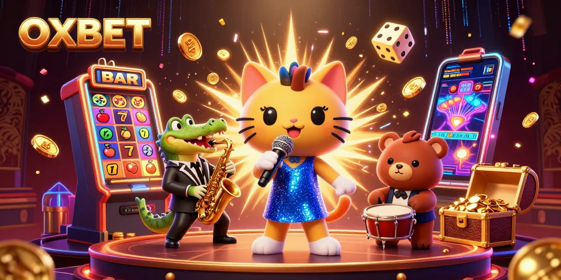 Experience OXBET's vibrant casino world with a jazzy cat, crocodile, and bear, celebrating big wins.