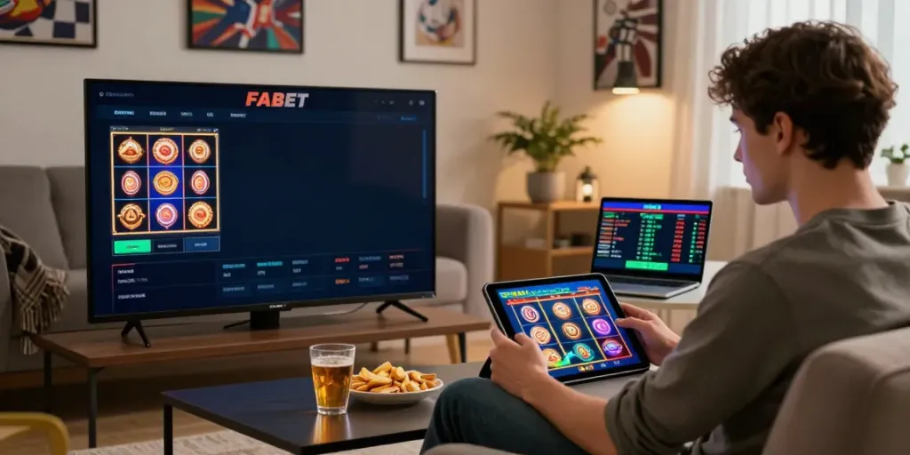 Experience FABET online betting with live casino and sports odds displayed in a cozy home atmosphere.
