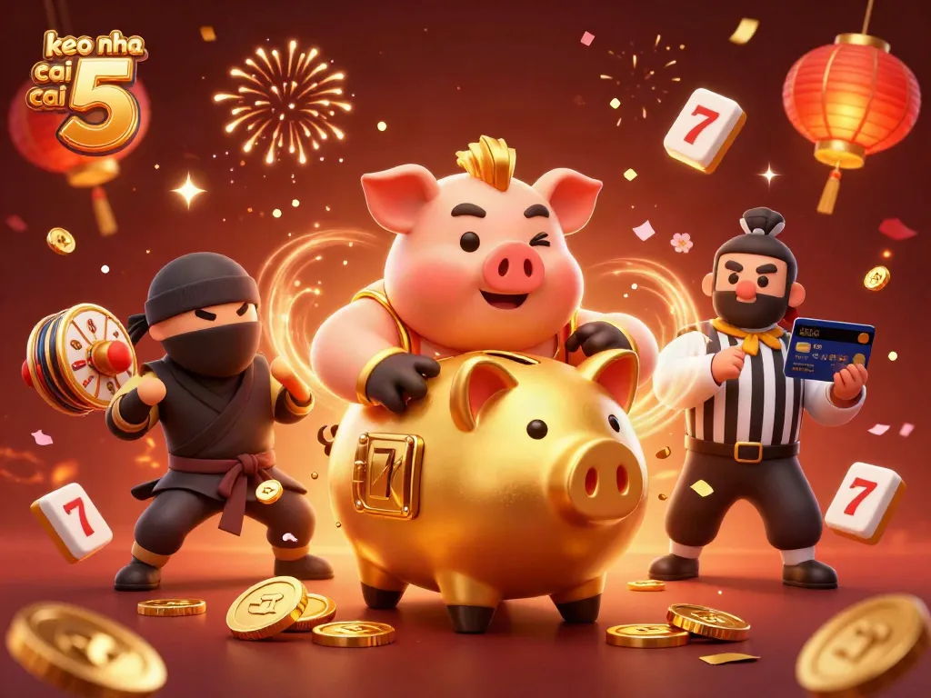 Engaging scene featuring keo nha cai 5 with a golden piggy bank sumo wrestler striking a dynamic pose amidst casino elements.