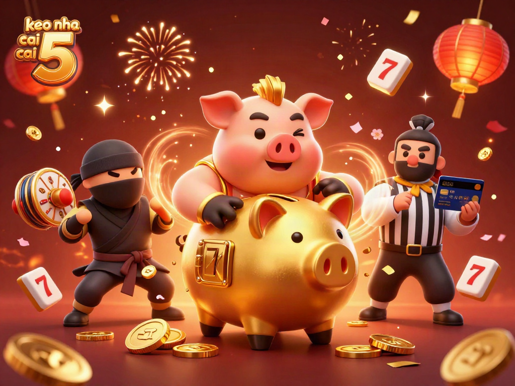 Engaging scene featuring keo nha cai 5 with a golden piggy bank sumo wrestler striking a dynamic pose amidst casino elements.