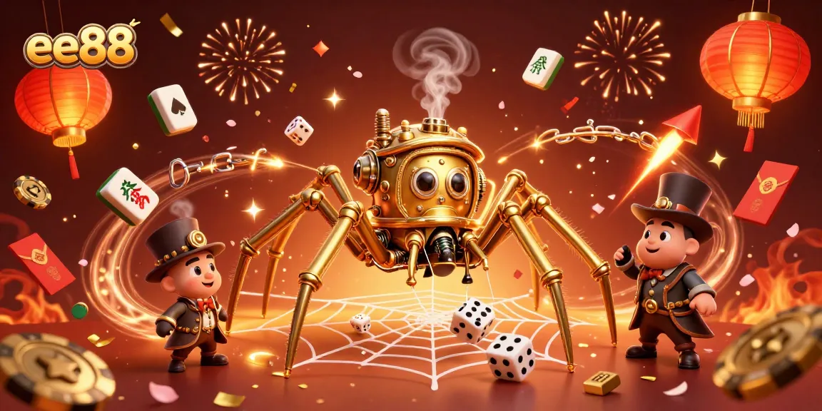 ee88 captures the excitement of gambling with a golden spider trapping dice in a vibrant casino scene.