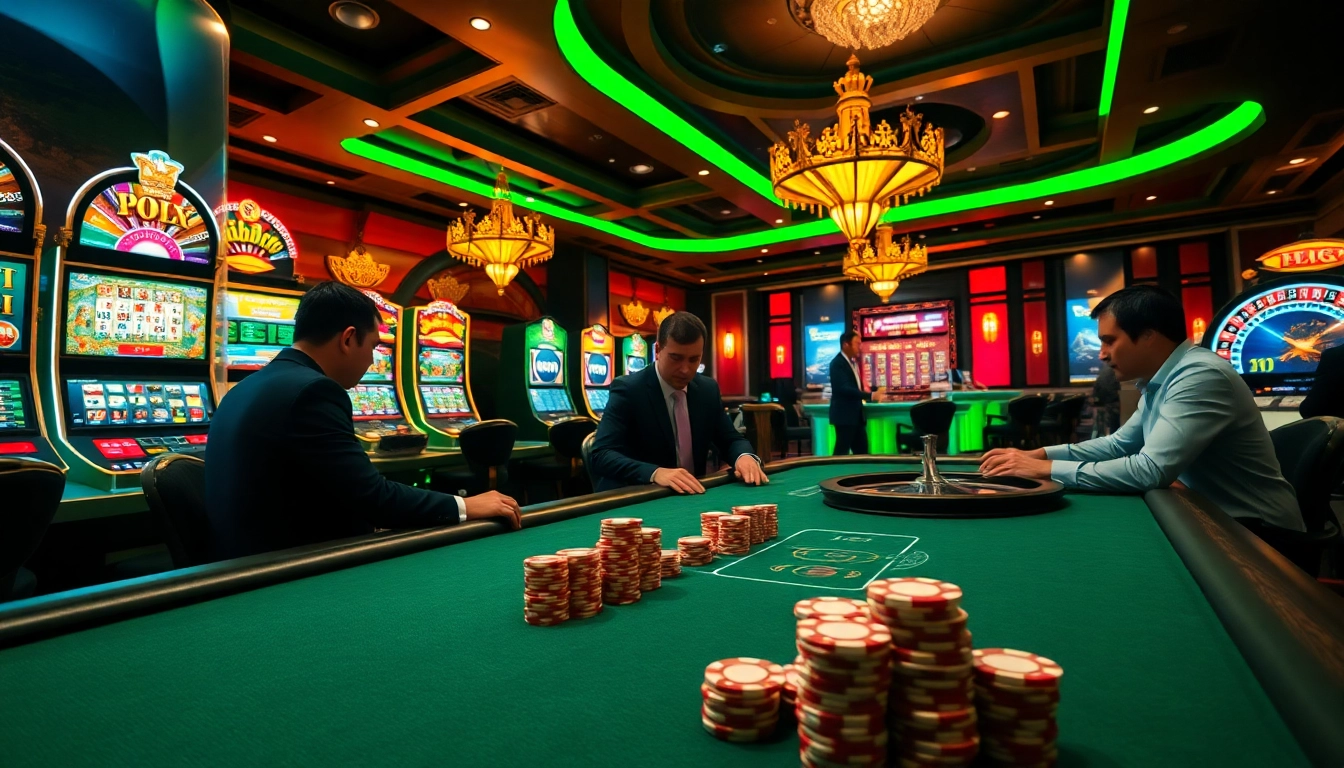 Players enjoying high-stakes poker and vibrant slot machines at https://f1682.email/ for an exciting gambling experience.