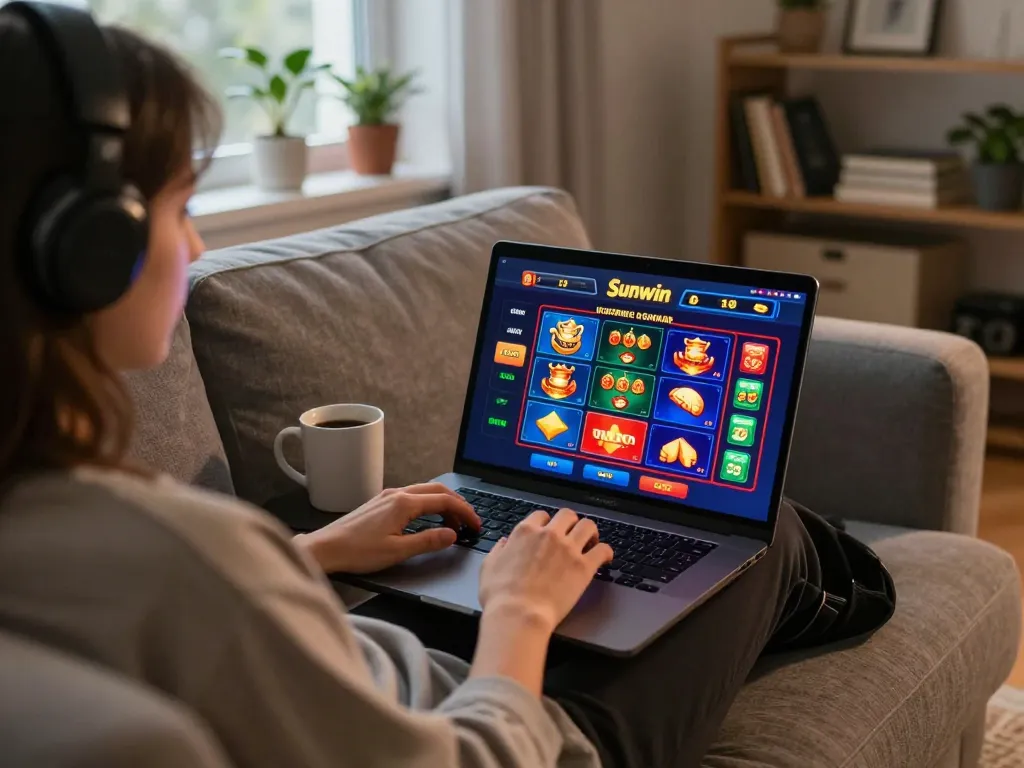 Engaged player using Sunwin for online casino gaming experience at home.