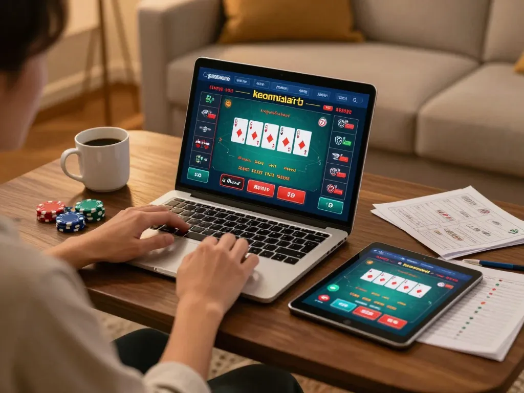 Engaging in online poker gameplay with keonhacai tv on a cozy home setup