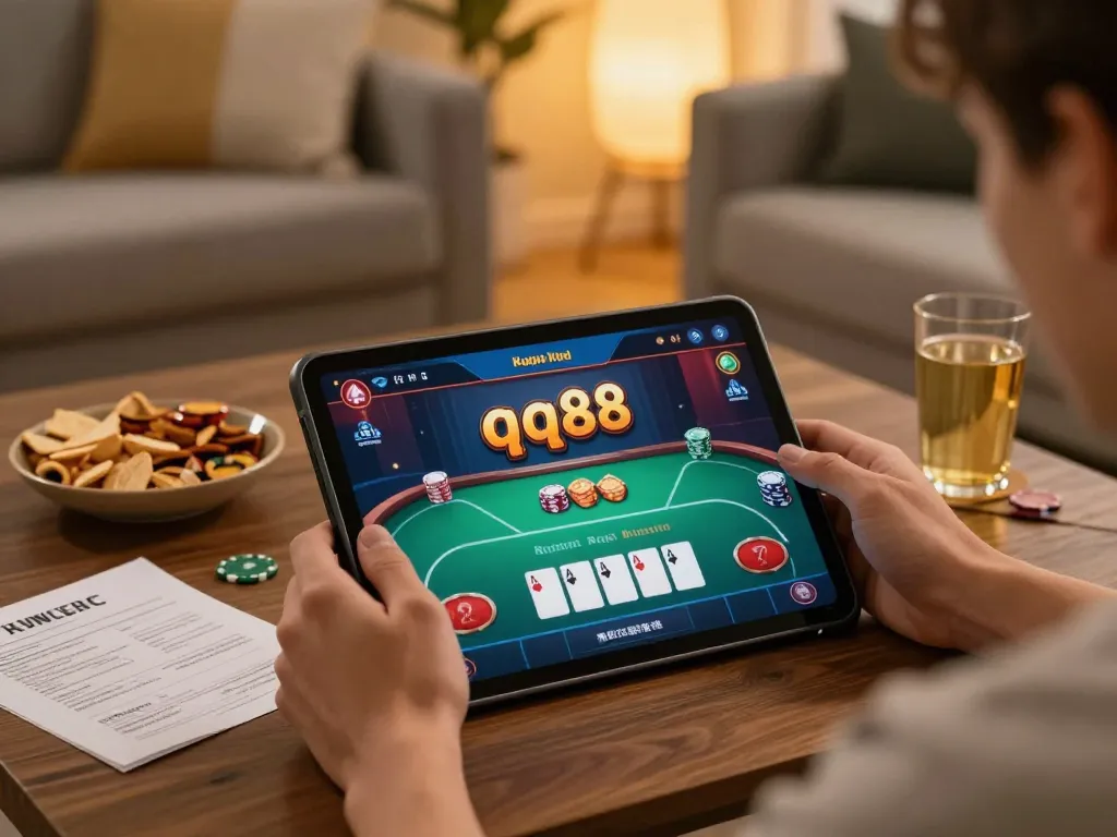 Player enjoying an interactive qq88 poker game on a tablet in a cozy home setup.