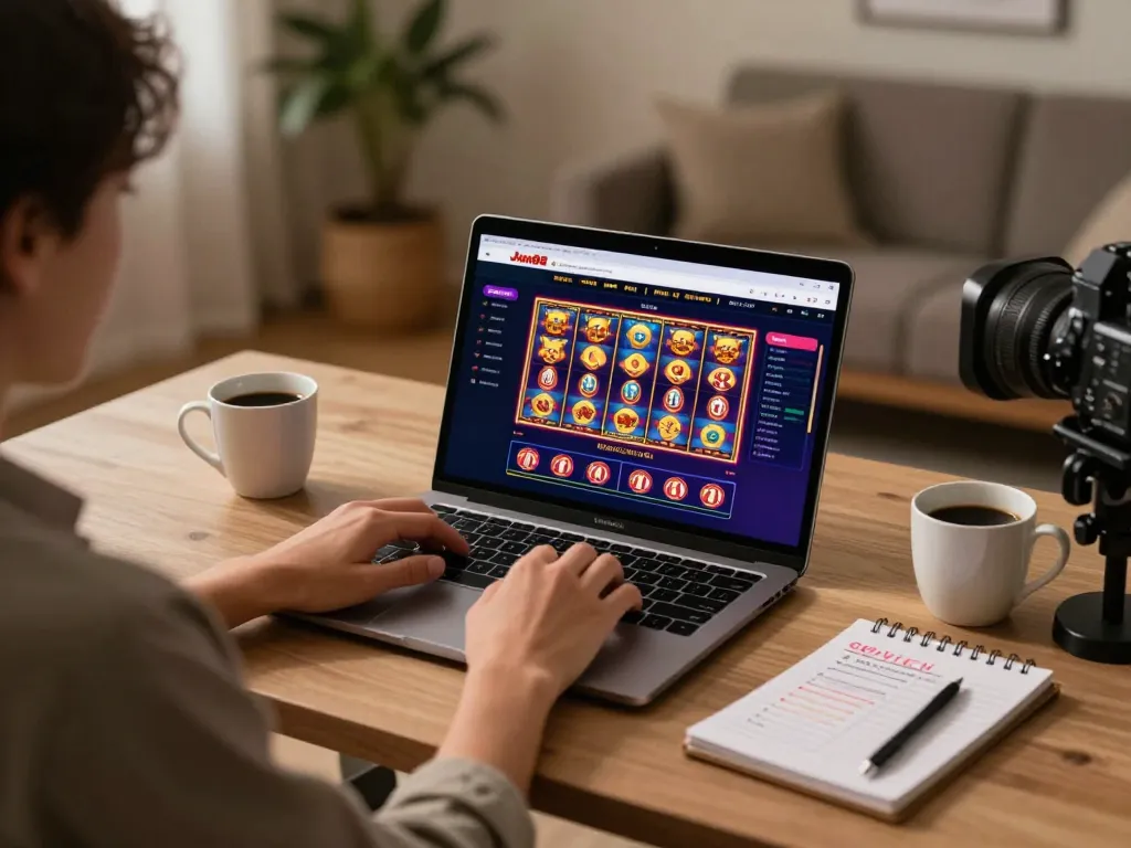 Engaging with JJun88 online casino on a laptop in a cozy home environment.
