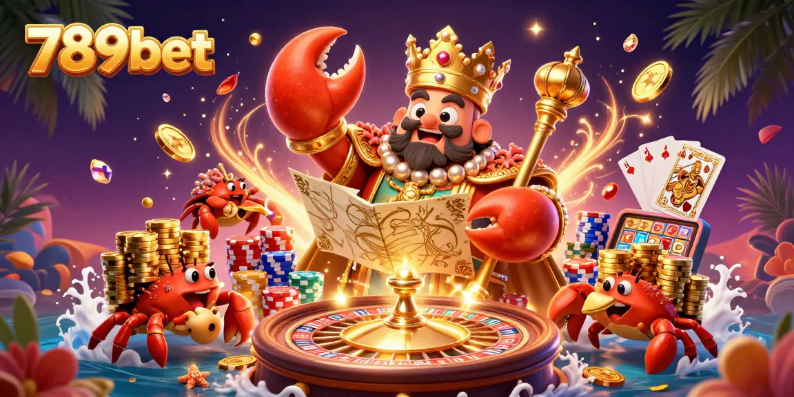 Experience the vibrant gaming world of 789bet with a golden crab emperor, treasure, and casino elements.