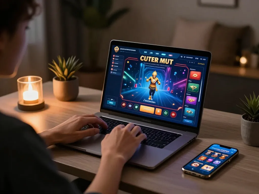 Engaging with online casino gaming through link vào cm88 on a stylish laptop setup with warm lighting.