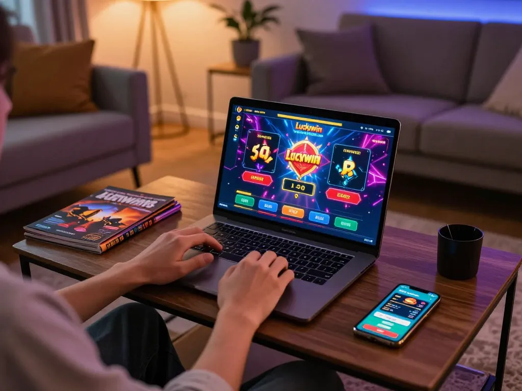 Engaging gameplay on Luckywin platform in a cozy home setting.