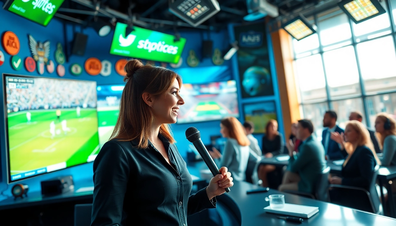 Engaging sports broadcasting studio showcasing presenters discussing sports highlights.