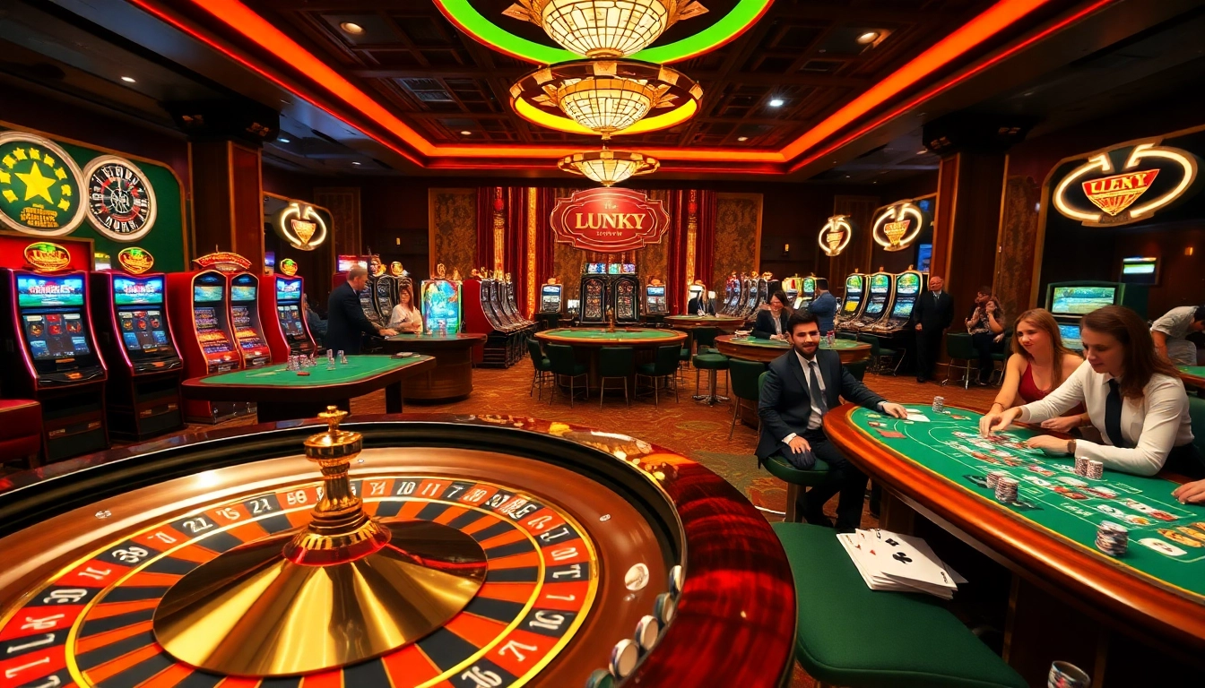 A stunning casino scene featuring a roulette table, eager players, and vibrant slot machines related to https://du88i.com/ for thrilling gambling experiences.