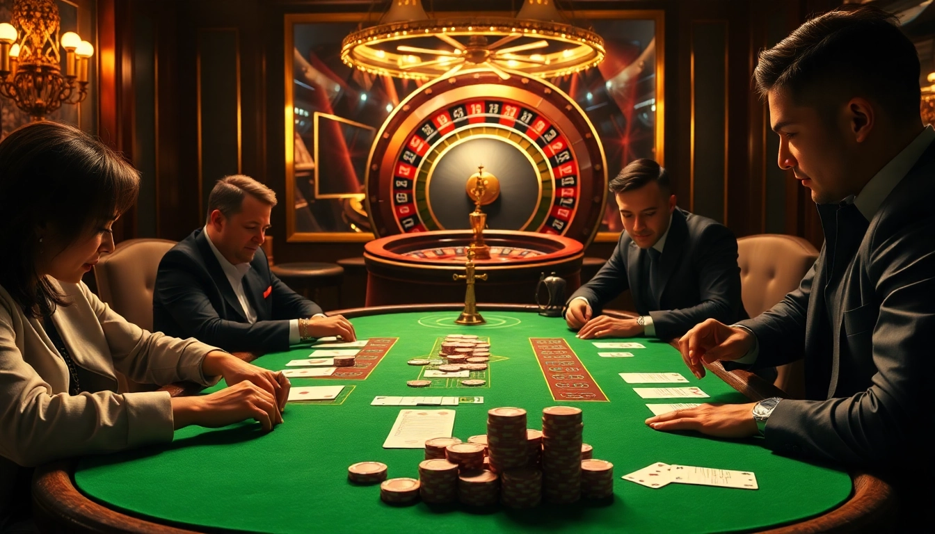 vin88 nhà cái poker game in a luxurious casino atmosphere with vibrant decor and exciting tension