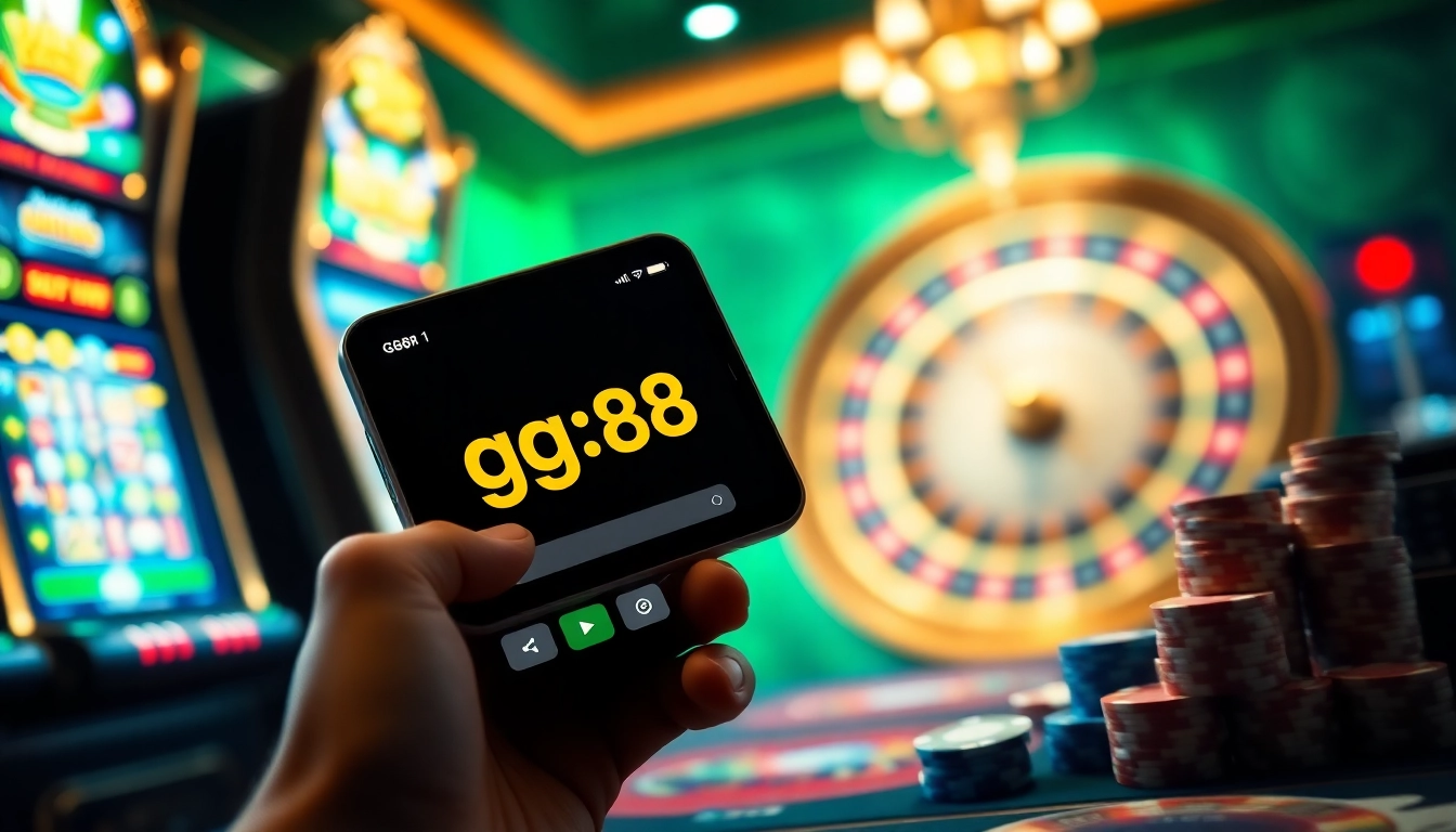 Login to gg88 mobile platform with vibrant slot machines and poker chips in view.