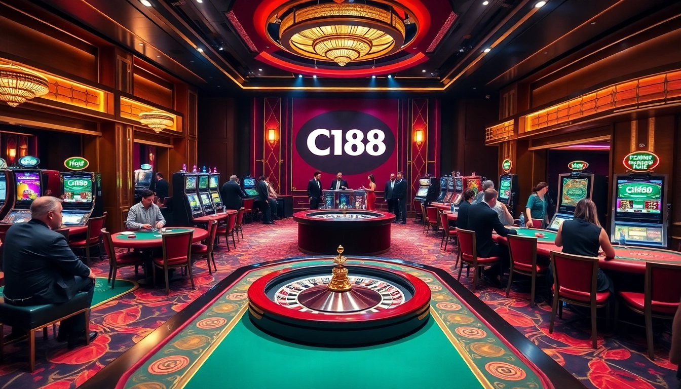 C168 casino scene showcasing thrilling gameplay and vibrant atmosphere with poker and slot machines.