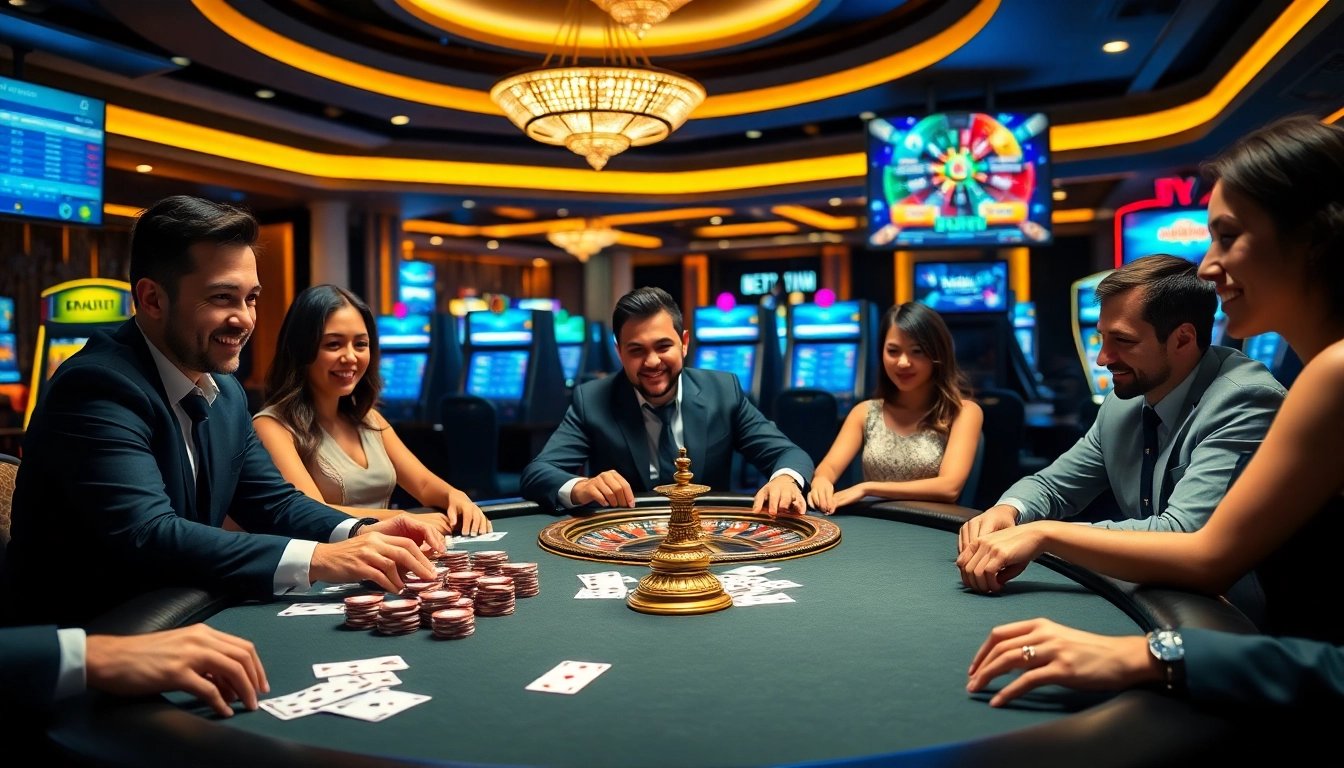 Engaging players at poker and slots at https://f168.vision/ casino, showcasing high stakes and luxury.