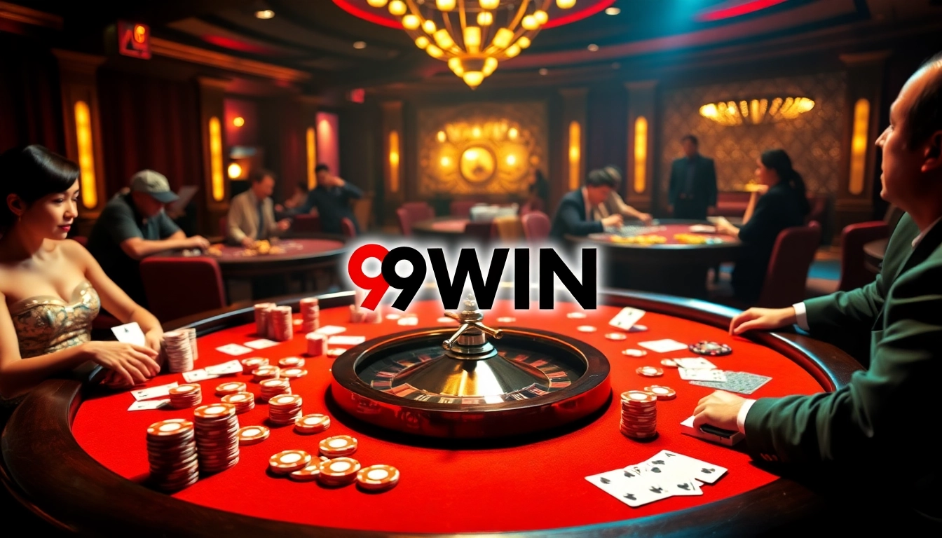 Experience immersive gaming with 9WIN at a luxurious casino table filled with vibrant chips and cards.